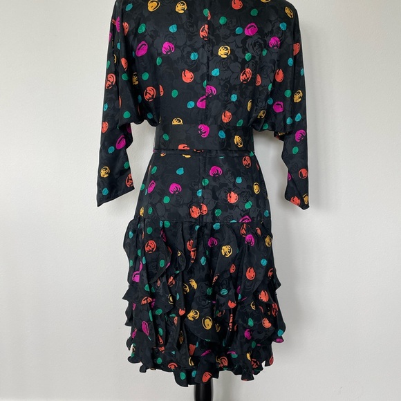Vintage 80s Maggie London 100% Silk Drop Waist Print Size Small Dress - Picture 8 of 8